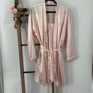 Oscar de la Renta Blush Pink Satin Robe and Slip Set